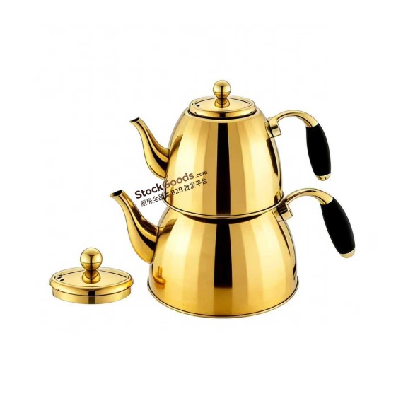 1.0L/2.0L Gold Plated Stainless Steel Double Teapot, Zinc Alloy Handle, Composite Bottom, 0.45MM 201 Grade